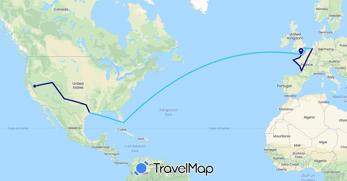 TravelMap itinerary: driving, boat in Belgium, France, United Kingdom, United States (Europe, North America)