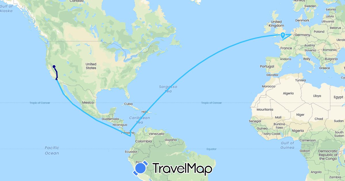 TravelMap itinerary: driving, boat in Belgium, France, Mexico, Panama, United States (Europe, North America)